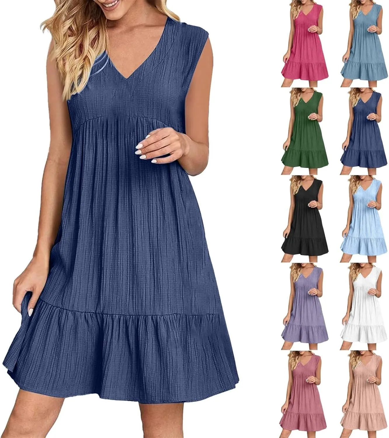 Summer Dresses for Women 2025 Vacation Sleeveless v Neck Mini T Shirt Dress Pleated Ruffle Flowy Beach Sundresses