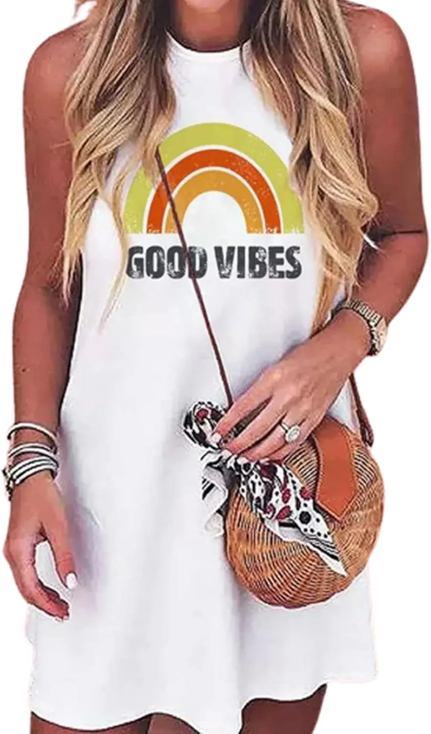 Sun Salt Sand Coconut Tree Tank Mini Dress for Women Casual Loose Sleeveless Beach Praty Shirts Summer Vacation Short Dress