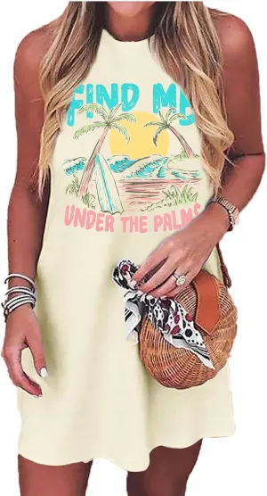 Sun Salt Sand Coconut Tree Tank Mini Dress for Women Casual Loose Sleeveless Beach Praty Shirts Summer Vacation Short Dress