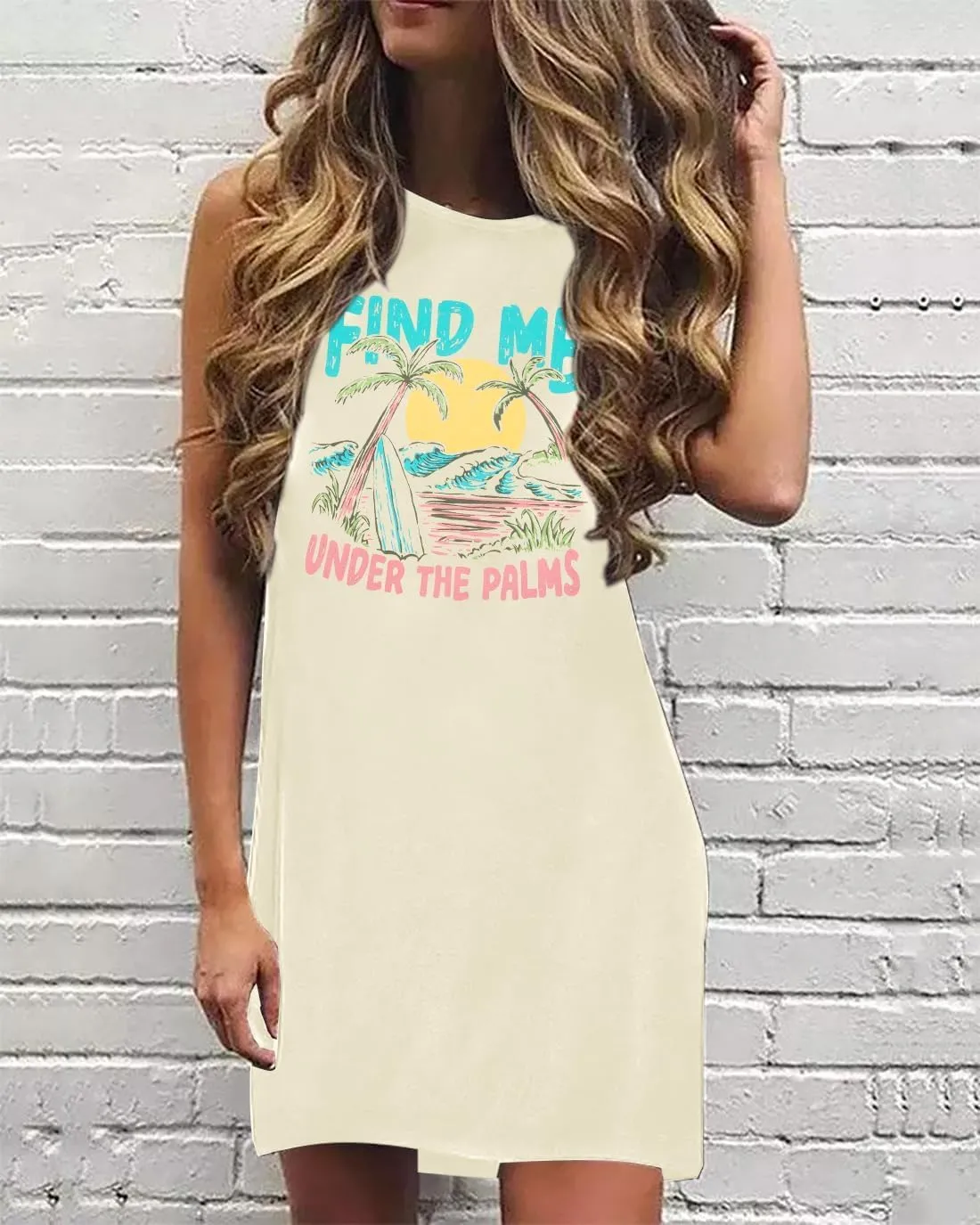 Sun Salt Sand Coconut Tree Tank Mini Dress for Women Casual Loose Sleeveless Beach Praty Shirts Summer Vacation Short Dress