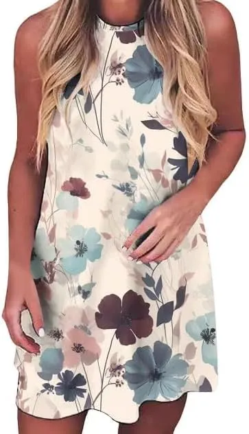 Sun Salt Sand Coconut Tree Tank Mini Dress for Women Casual Loose Sleeveless Beach Praty Shirts Summer Vacation Short Dress