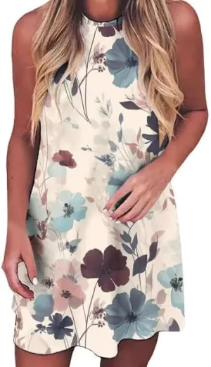 Sun Salt Sand Coconut Tree Tank Mini Dress for Women Casual Loose Sleeveless Beach Praty Shirts Summer Vacation Short Dress