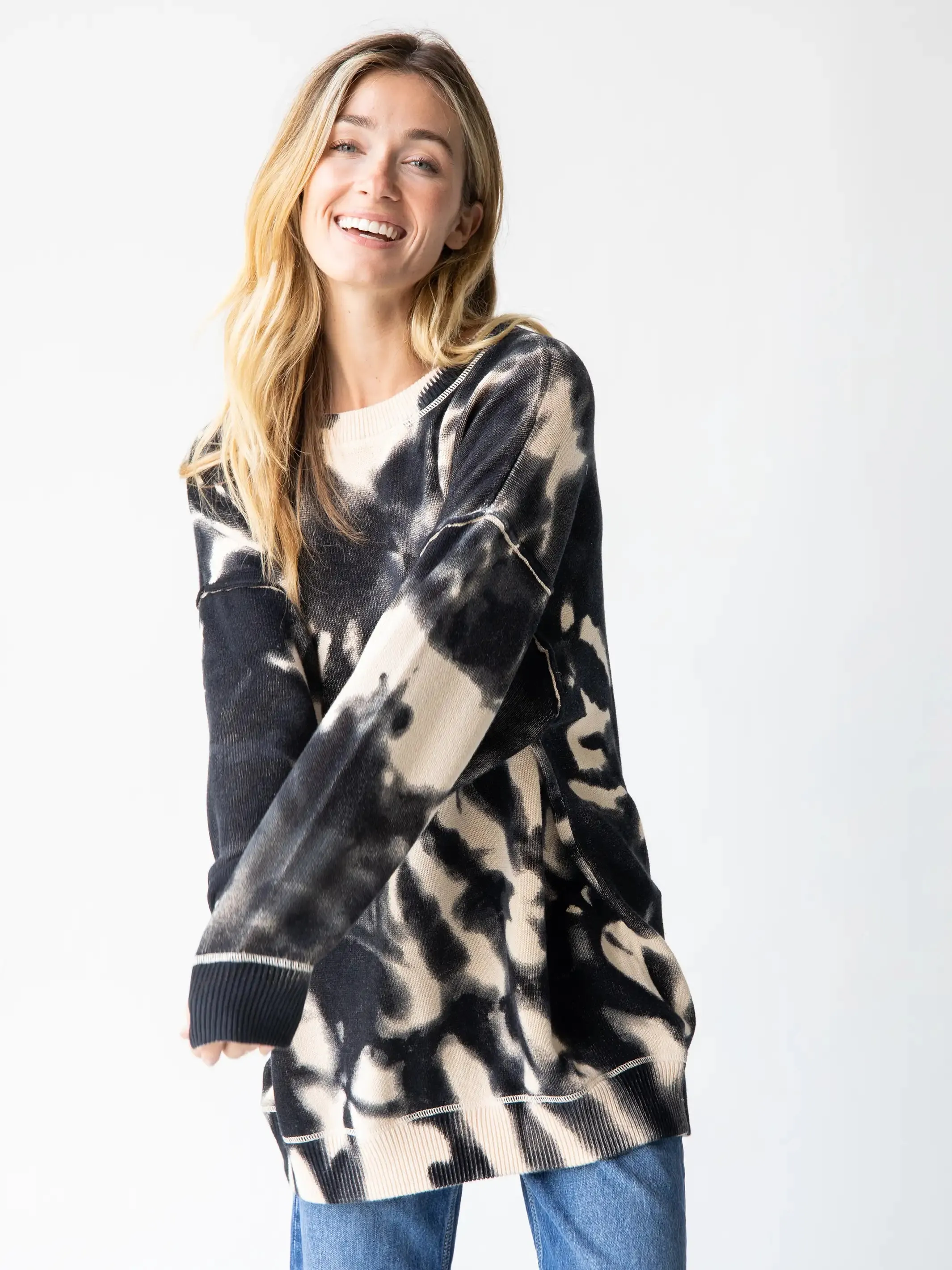 Taylor Oversized Cotton Sweater - Black Tie-Dye
