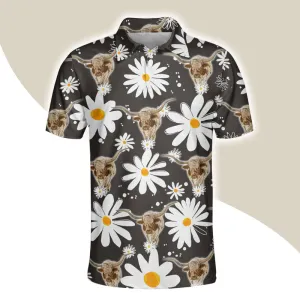 Texas Longhorn Men Polo Shirts - Texas Longhorn Daisy Flower Pattern Shirts For Men - Perfect Gift For Texas Longhorn Lovers, Cattle Lovers