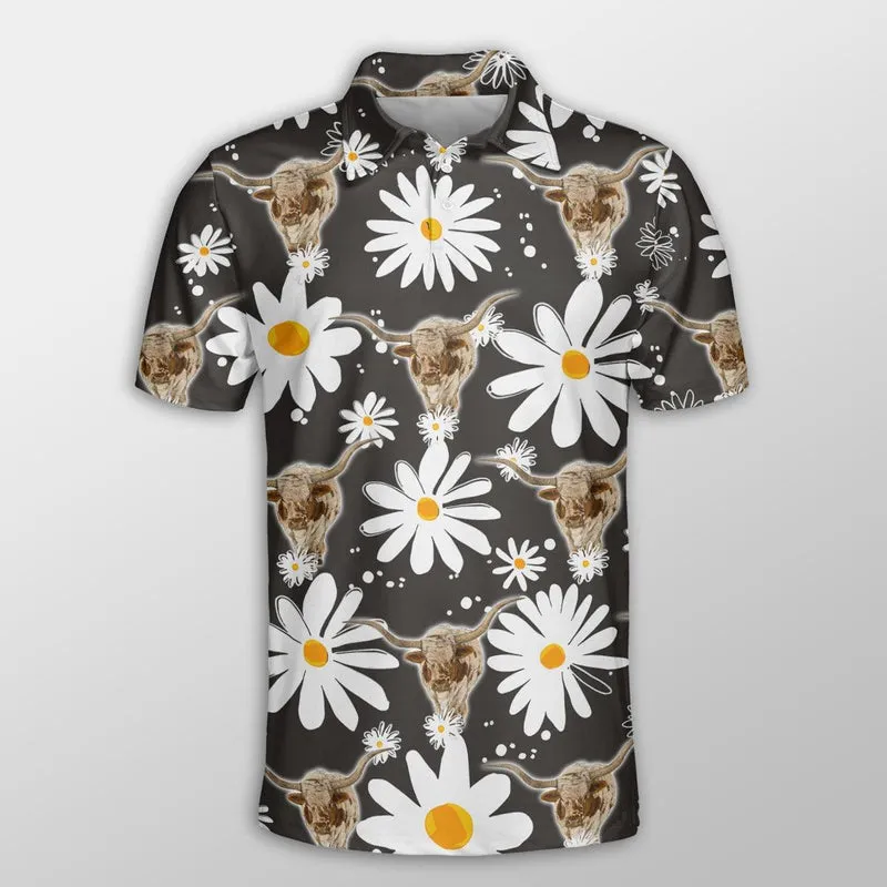 Texas Longhorn Men Polo Shirts - Texas Longhorn Daisy Flower Pattern Shirts For Men - Perfect Gift For Texas Longhorn Lovers, Cattle Lovers