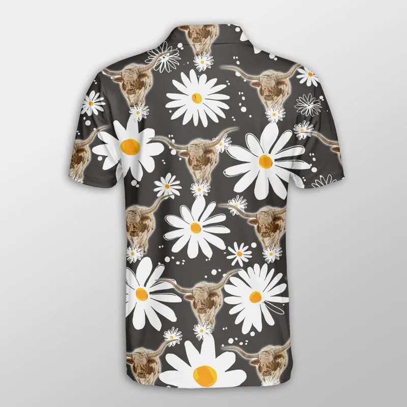 Texas Longhorn Men Polo Shirts - Texas Longhorn Daisy Flower Pattern Shirts For Men - Perfect Gift For Texas Longhorn Lovers, Cattle Lovers