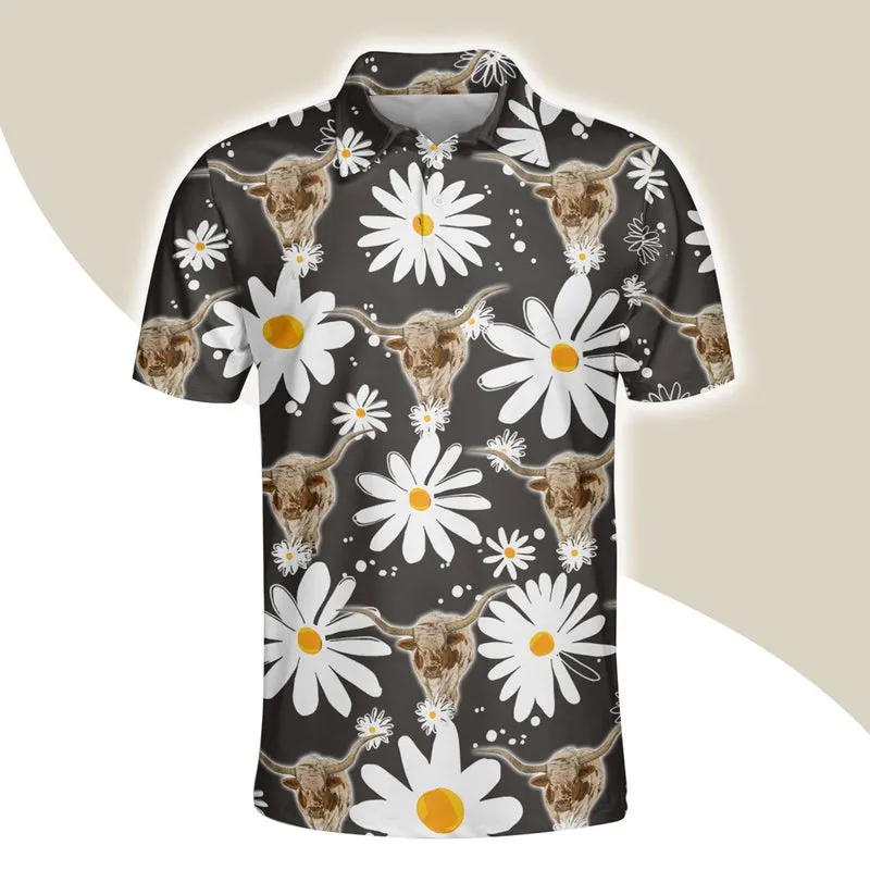 Texas Longhorn Men Polo Shirts - Texas Longhorn Daisy Flower Pattern Shirts For Men - Perfect Gift For Texas Longhorn Lovers, Cattle Lovers