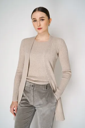 Tonet Cashmere Blend Knitted Rib Cardigan with Tie Belt in Beige