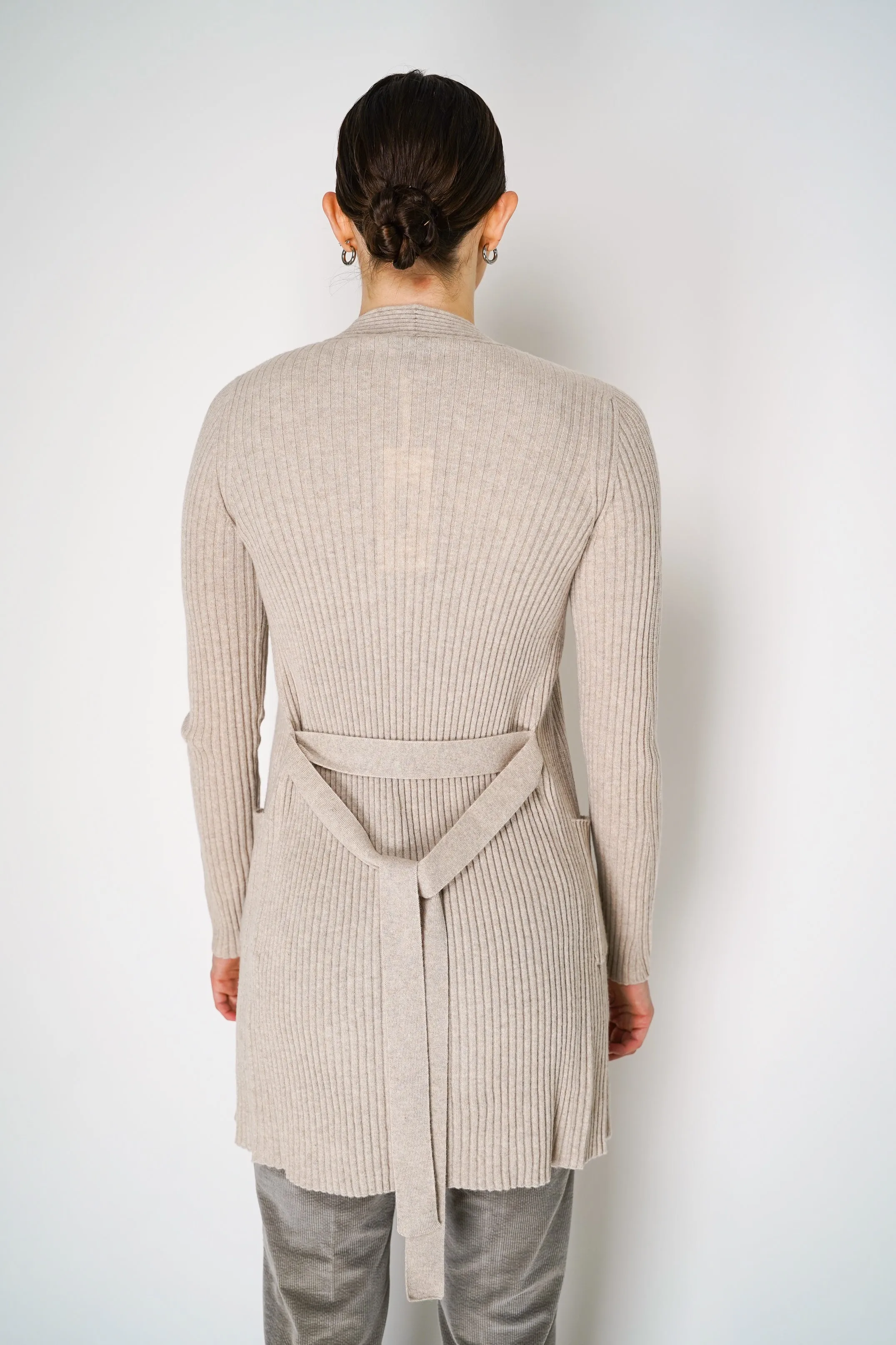 Tonet Cashmere Blend Knitted Rib Cardigan with Tie Belt in Beige