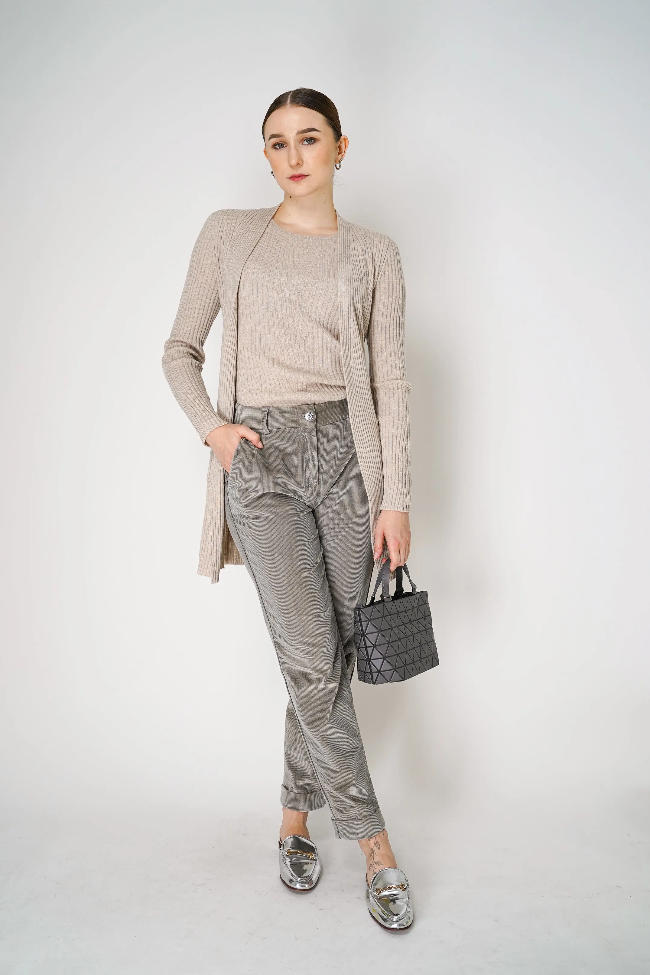 Tonet Cashmere Blend Knitted Rib Cardigan with Tie Belt in Beige