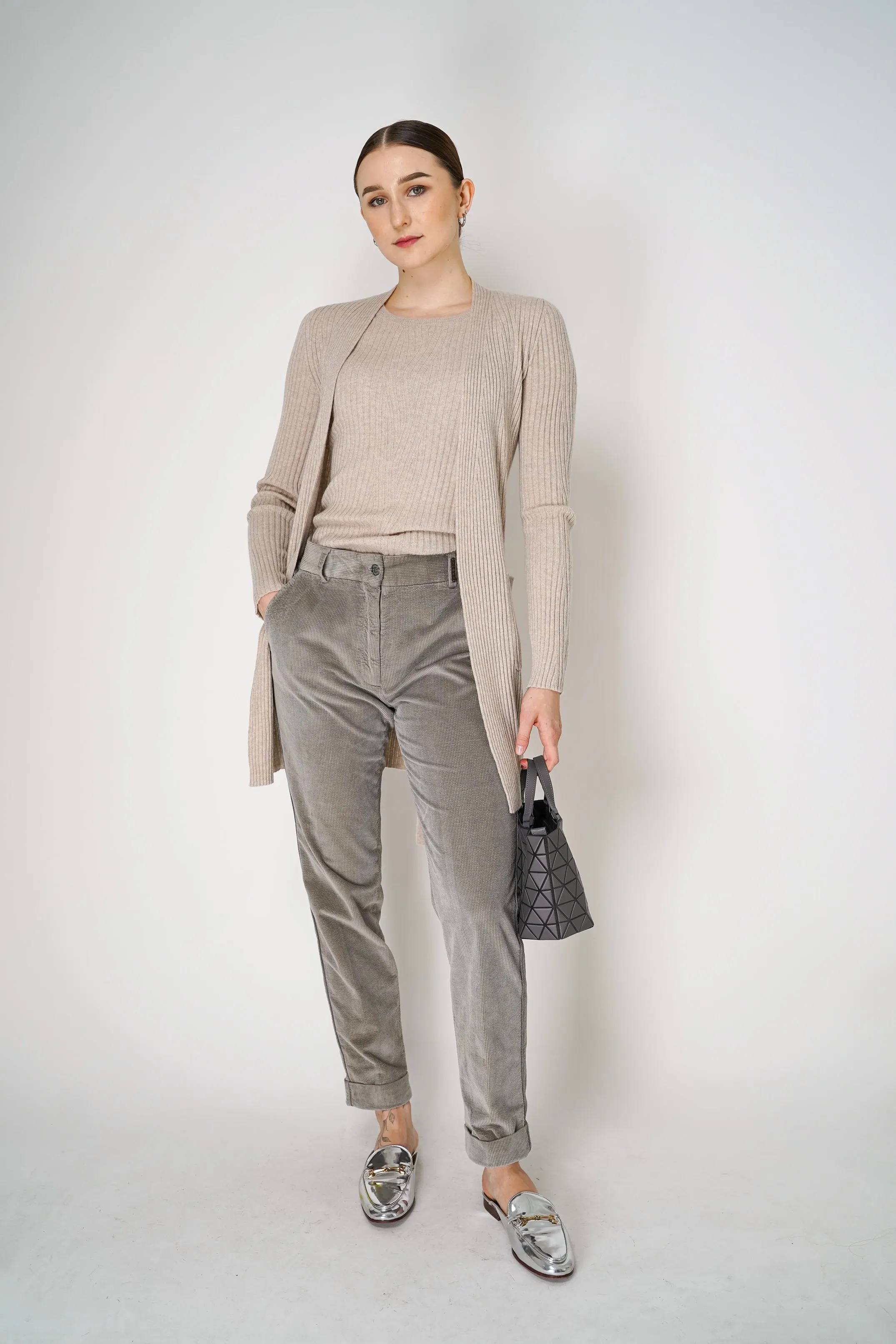Tonet Cashmere Blend Knitted Rib Cardigan with Tie Belt in Beige