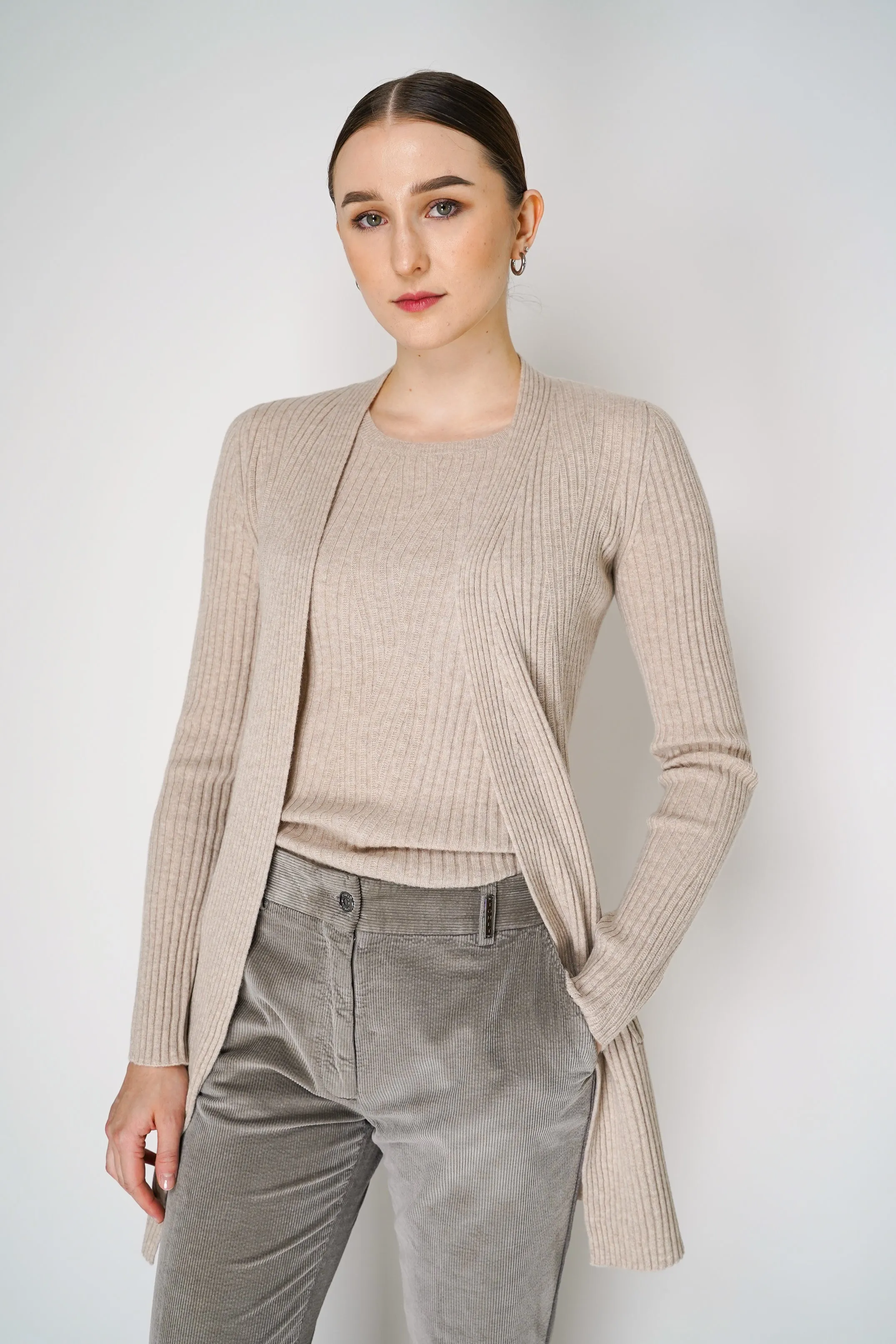 Tonet Cashmere Blend Knitted Rib Cardigan with Tie Belt in Beige