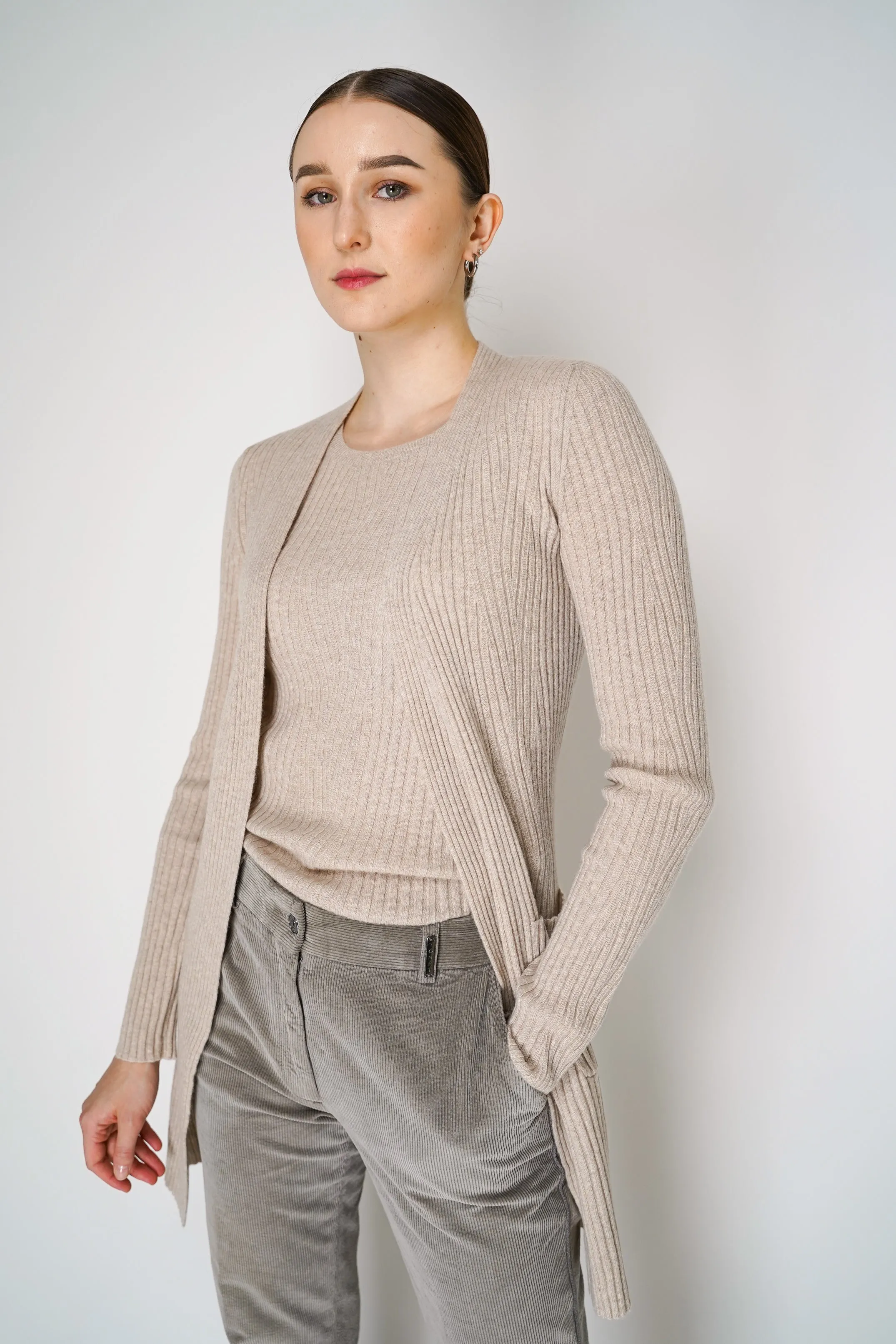 Tonet Cashmere Blend Knitted Rib Cardigan with Tie Belt in Beige