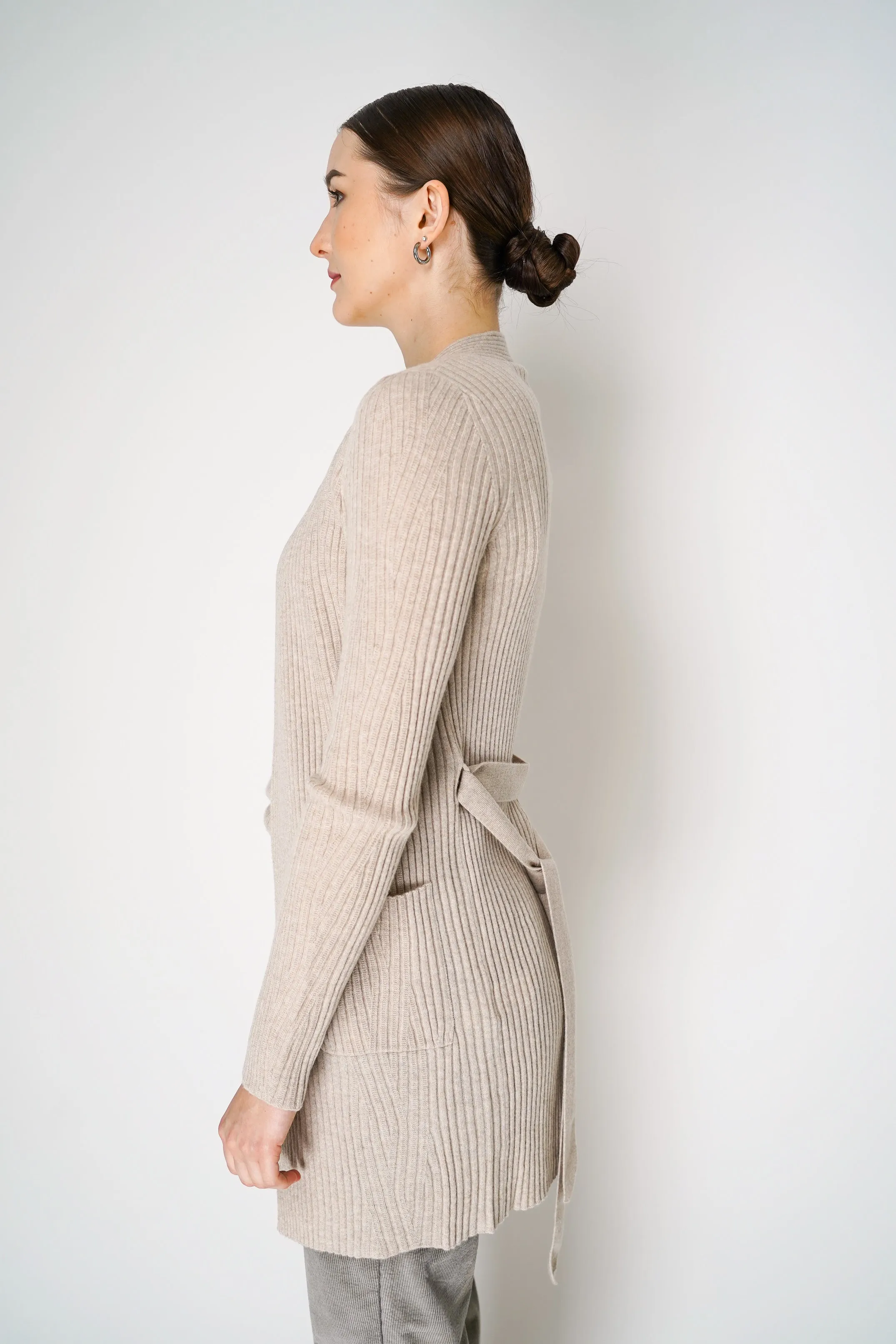 Tonet Cashmere Blend Knitted Rib Cardigan with Tie Belt in Beige