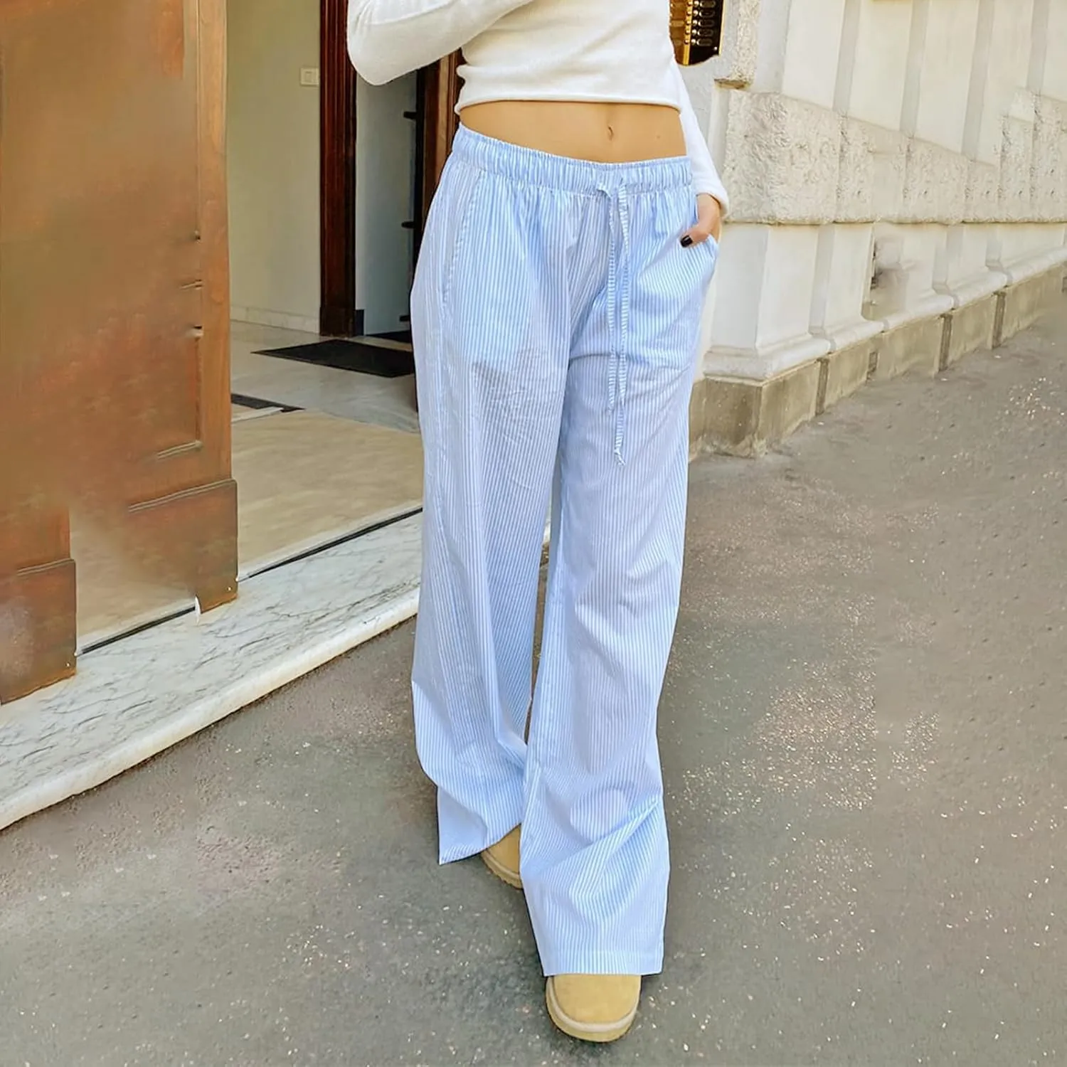 Tsultryofs Women Y2K Striped Long Pants Drawstring High Waist Wide Leg Trouser Casual Relaxed Fit Straight Lounge Pants