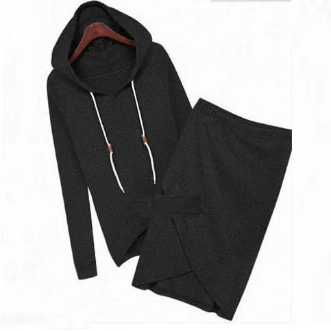 Two Pieces Sports Hoodie Knee-length Skirt Activewear Set