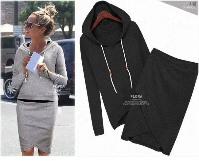Two Pieces Sports Hoodie Knee-length Skirt Activewear Set