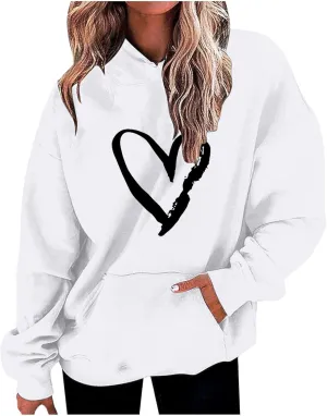 Valentines Hoodies For Women Dressy Casual 2025 Love Heart Print Oversized Fleece Hooded Pullover Sweatshirts