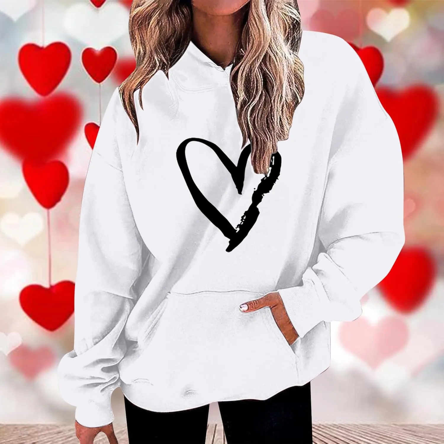 Valentines Hoodies For Women Dressy Casual 2025 Love Heart Print Oversized Fleece Hooded Pullover Sweatshirts