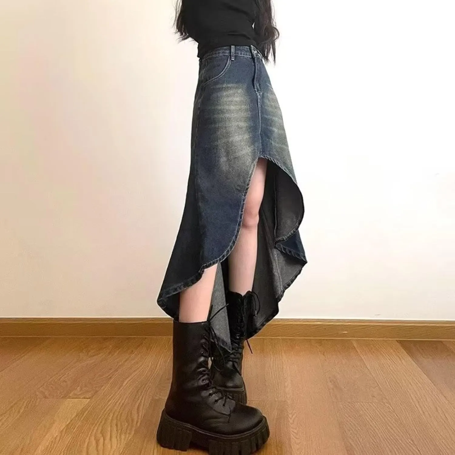 VCM Y2k Skirt Denim Skirt Women Midi Skirt with Pockets A-Line Skirt High Waisted Skirt Sexy Asymmetrical Skirt