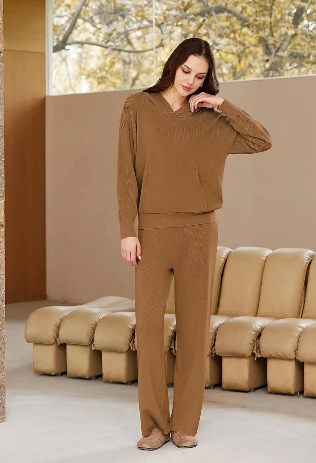 Viottiset Women's 2 Piece Outfits Sweater Set Long Sleeve Hoodies With Pocket Wide Leg Pants Lounge Sets Tracksuit