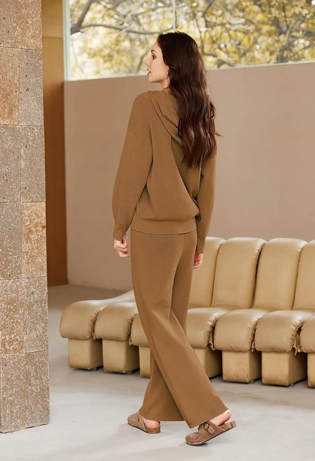 Viottiset Women's 2 Piece Outfits Sweater Set Long Sleeve Hoodies With Pocket Wide Leg Pants Lounge Sets Tracksuit