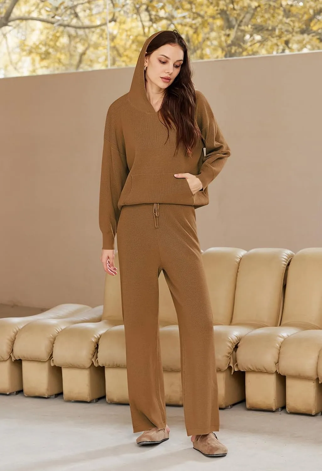 Viottiset Women's 2 Piece Outfits Sweater Set Long Sleeve Hoodies With Pocket Wide Leg Pants Lounge Sets Tracksuit