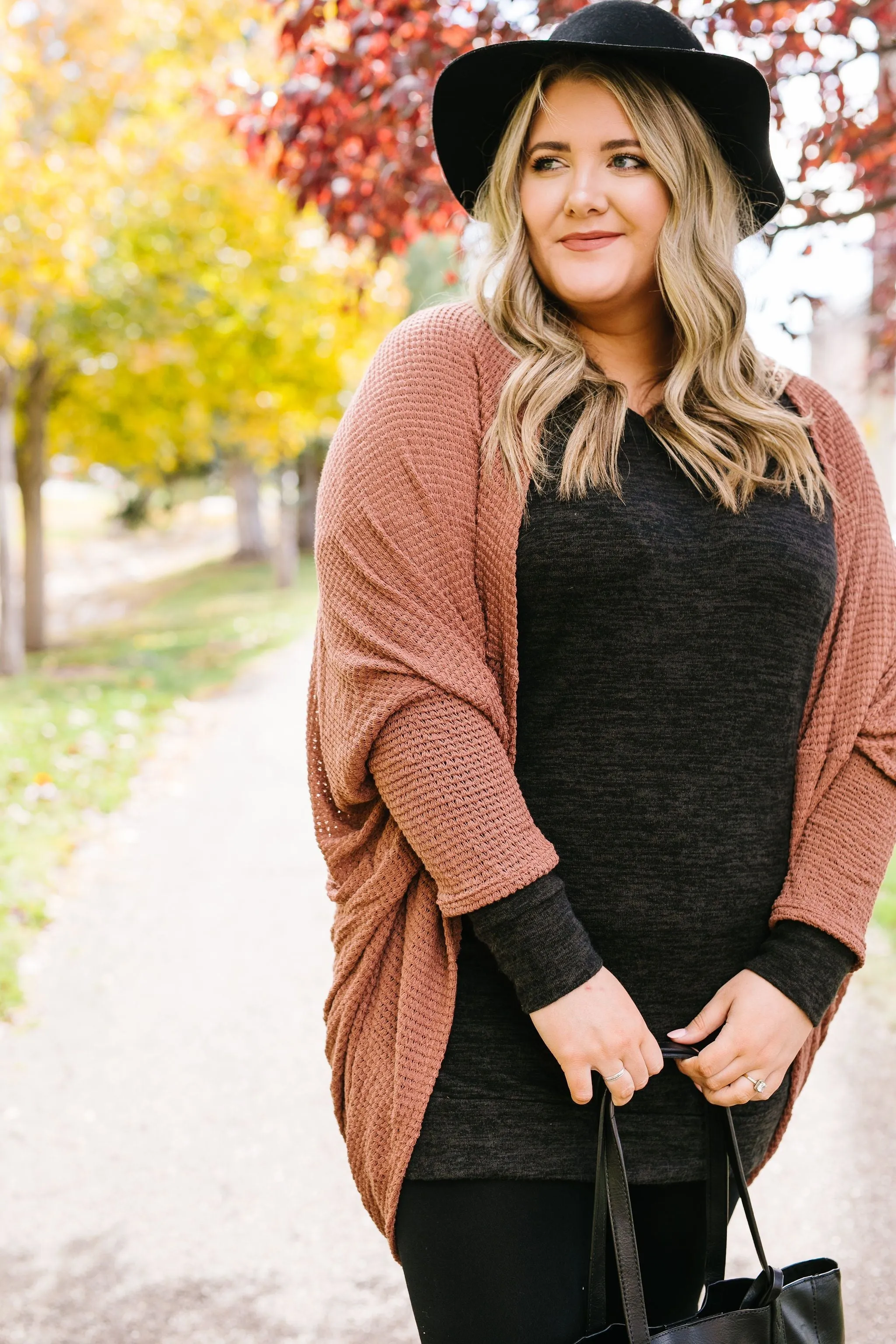 Waffle Knit Slouchy Cardi In Rust