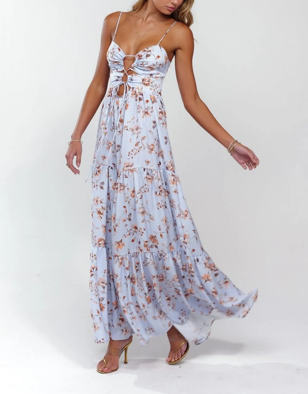 Women Boho Floral Long Cami Dress Spaghetti Strap Cut Out Maxi Dress Backless Tiered Flowy Summer Beach Dresse