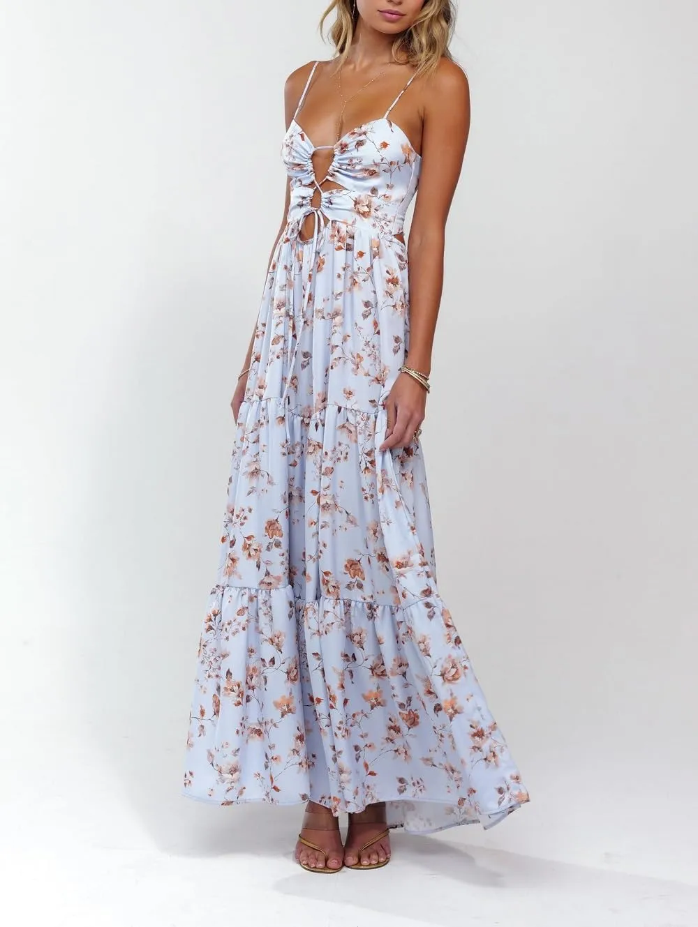 Women Boho Floral Long Cami Dress Spaghetti Strap Cut Out Maxi Dress Backless Tiered Flowy Summer Beach Dresse