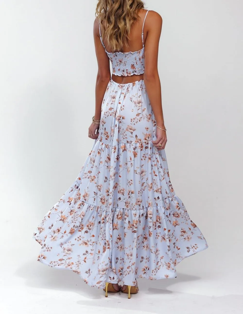 Women Boho Floral Long Cami Dress Spaghetti Strap Cut Out Maxi Dress Backless Tiered Flowy Summer Beach Dresse