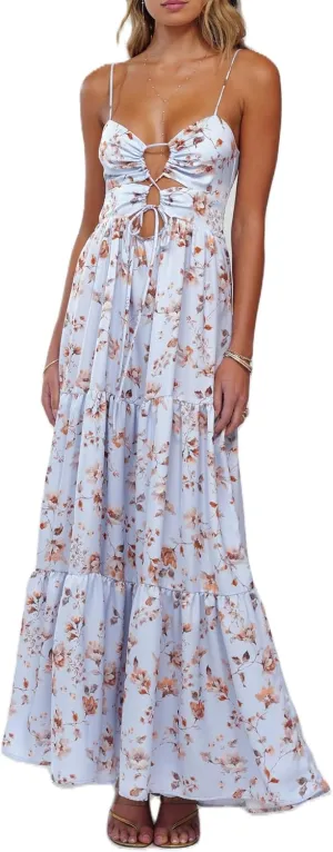 Women Boho Floral Long Cami Dress Spaghetti Strap Cut Out Maxi Dress Backless Tiered Flowy Summer Beach Dresse