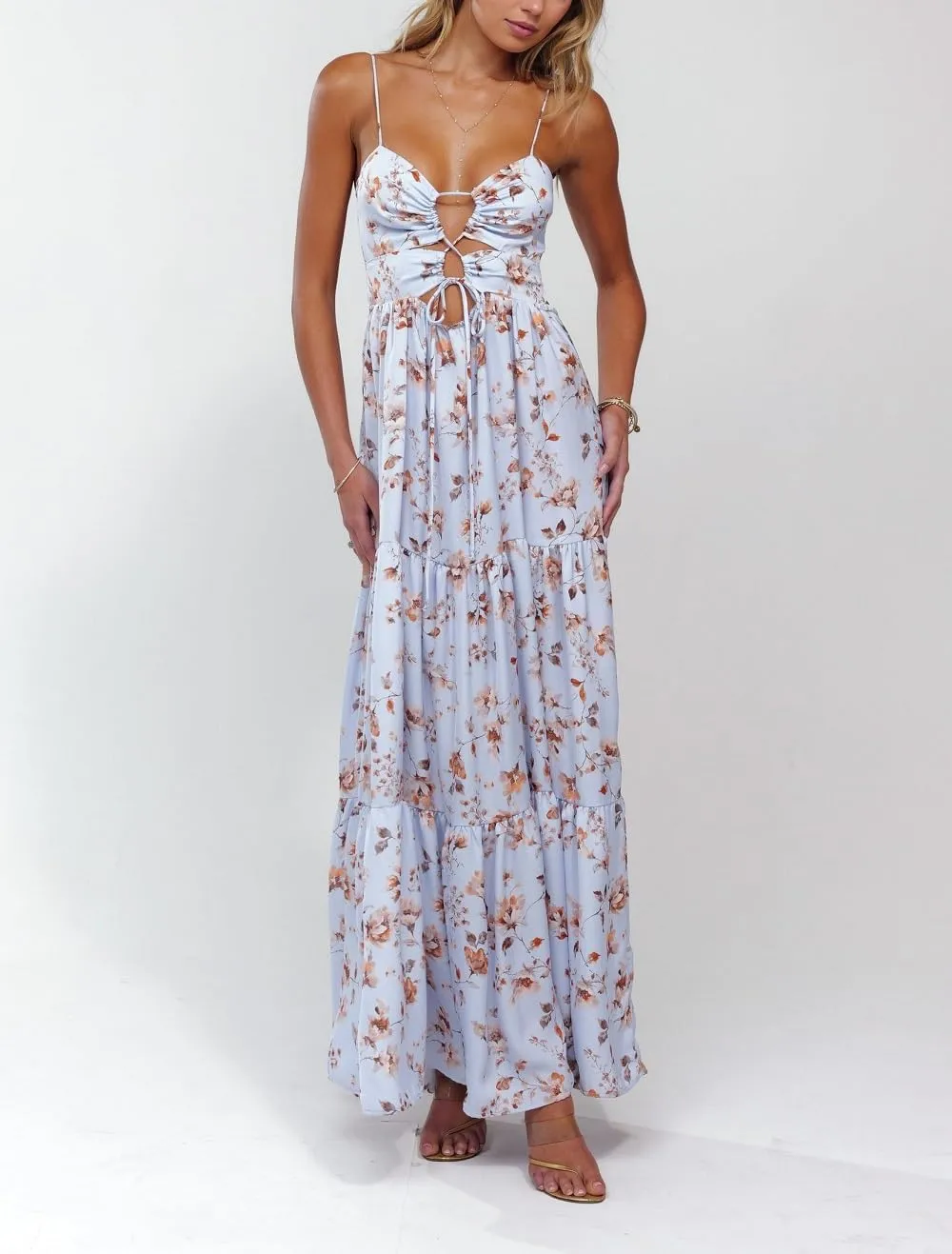 Women Boho Floral Long Cami Dress Spaghetti Strap Cut Out Maxi Dress Backless Tiered Flowy Summer Beach Dresse