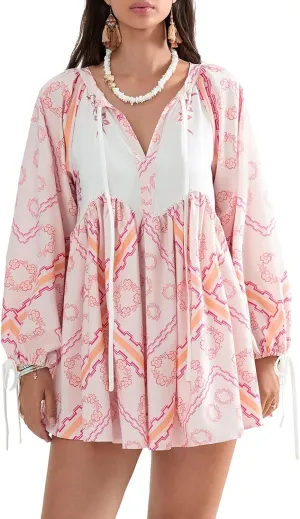 Women Boho Puff Sleeve Short Dress Floral V Neck Babydoll Dress Flowy Loose Fit Shirt Dress Bohemian Mini Sundress