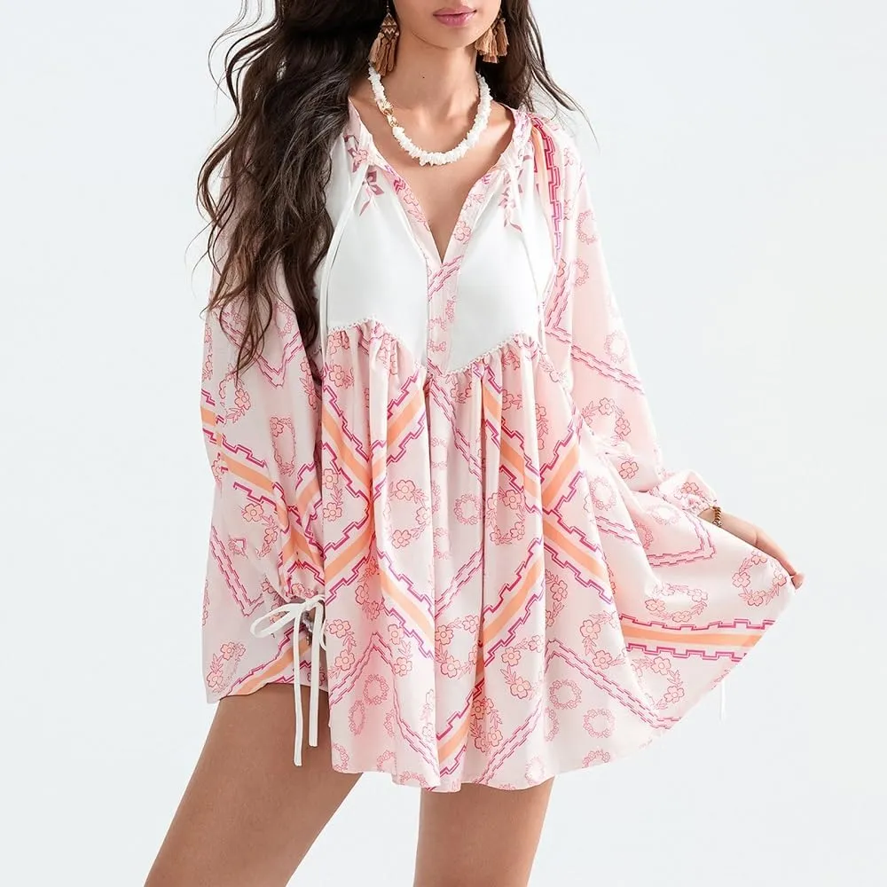 Women Boho Puff Sleeve Short Dress Floral V Neck Babydoll Dress Flowy Loose Fit Shirt Dress Bohemian Mini Sundress