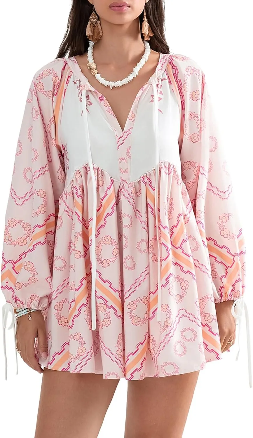 Women Boho Puff Sleeve Short Dress Floral V Neck Babydoll Dress Flowy Loose Fit Shirt Dress Bohemian Mini Sundress
