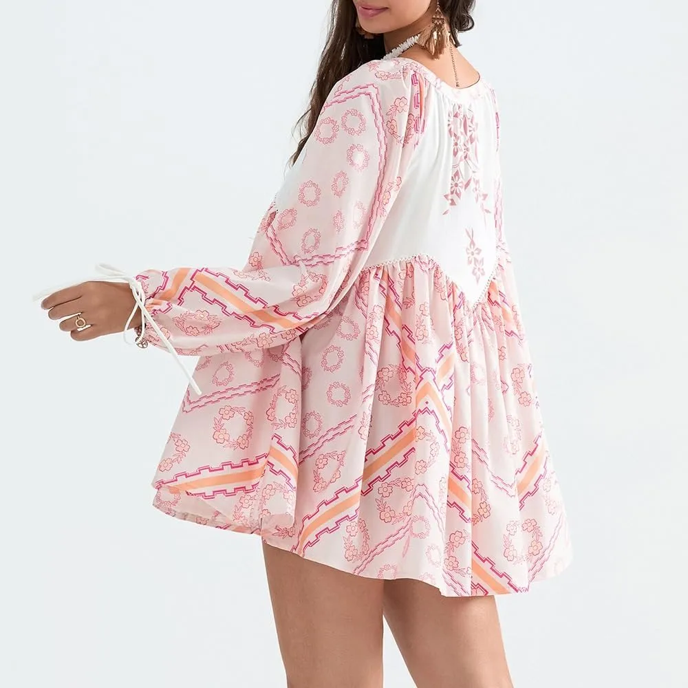 Women Boho Puff Sleeve Short Dress Floral V Neck Babydoll Dress Flowy Loose Fit Shirt Dress Bohemian Mini Sundress