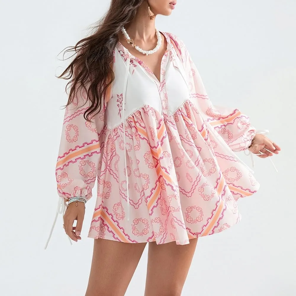 Women Boho Puff Sleeve Short Dress Floral V Neck Babydoll Dress Flowy Loose Fit Shirt Dress Bohemian Mini Sundress