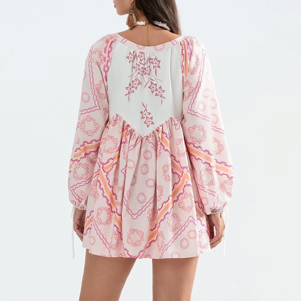 Women Boho Puff Sleeve Short Dress Floral V Neck Babydoll Dress Flowy Loose Fit Shirt Dress Bohemian Mini Sundress