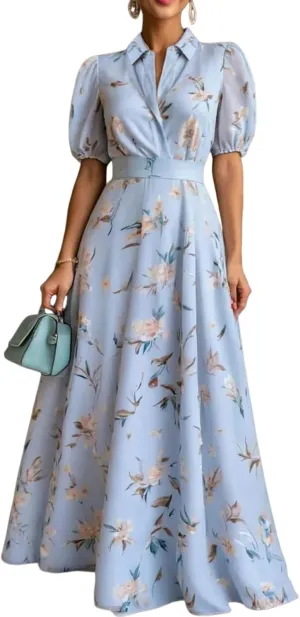 Women Summer 2025 Maxi Dress Breezy Floral Print Cool Short Sleeve Flowy A Line Collared Beach Long Casual Dresses