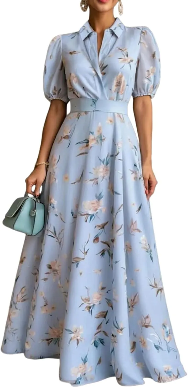 Women Summer 2025 Maxi Dress Breezy Floral Print Cool Short Sleeve Flowy A Line Collared Beach Long Casual Dresses