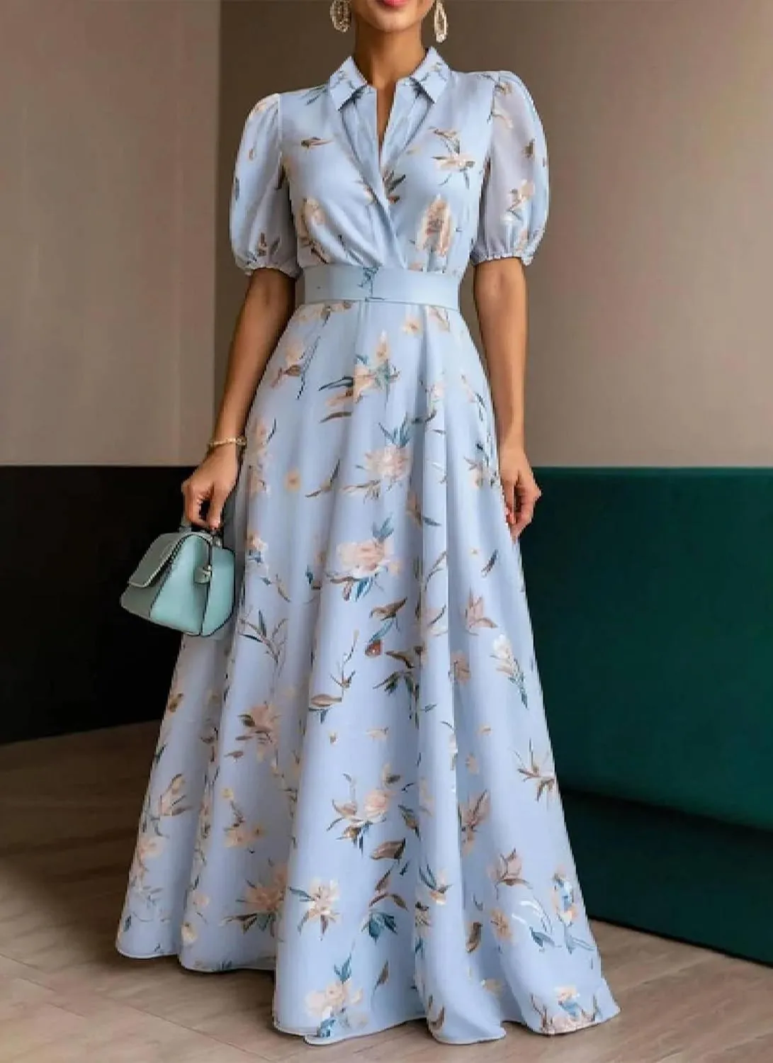 Women Summer 2025 Maxi Dress Breezy Floral Print Cool Short Sleeve Flowy A Line Collared Beach Long Casual Dresses