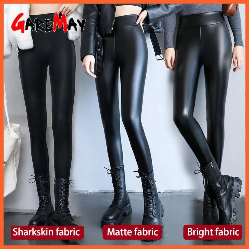 Women Thick Warm Winter High Waisted Push Up Velvet Slimming Pu Leather Legging