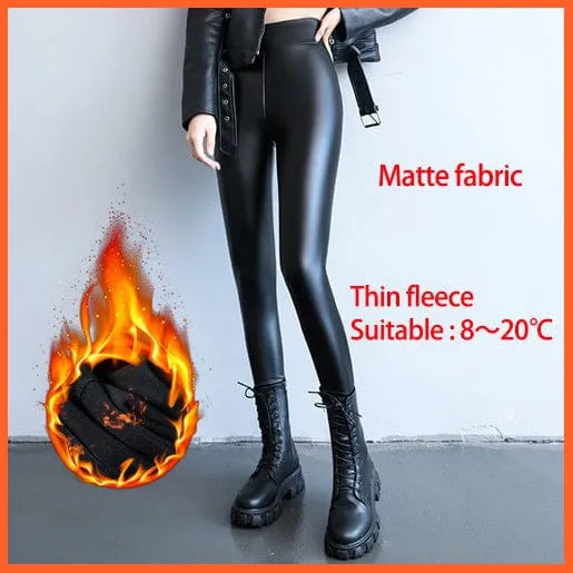 Women Thick Warm Winter High Waisted Push Up Velvet Slimming Pu Leather Legging