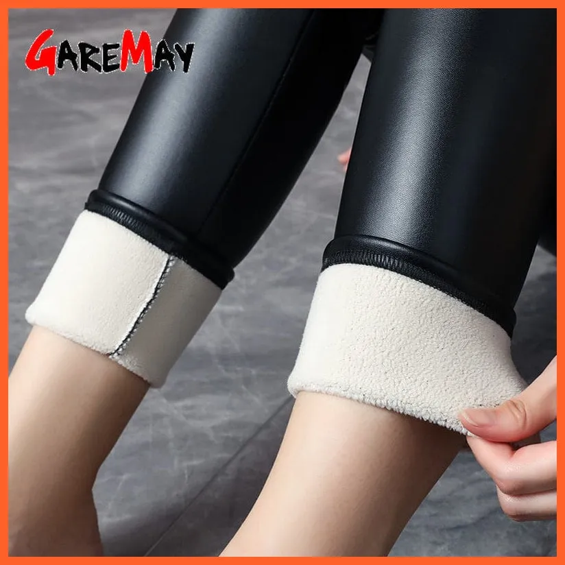 Women Thick Warm Winter High Waisted Push Up Velvet Slimming Pu Leather Legging