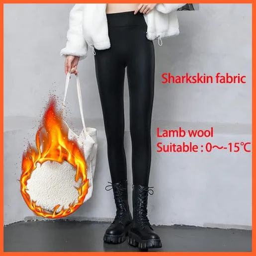 Women Thick Warm Winter High Waisted Push Up Velvet Slimming Pu Leather Legging