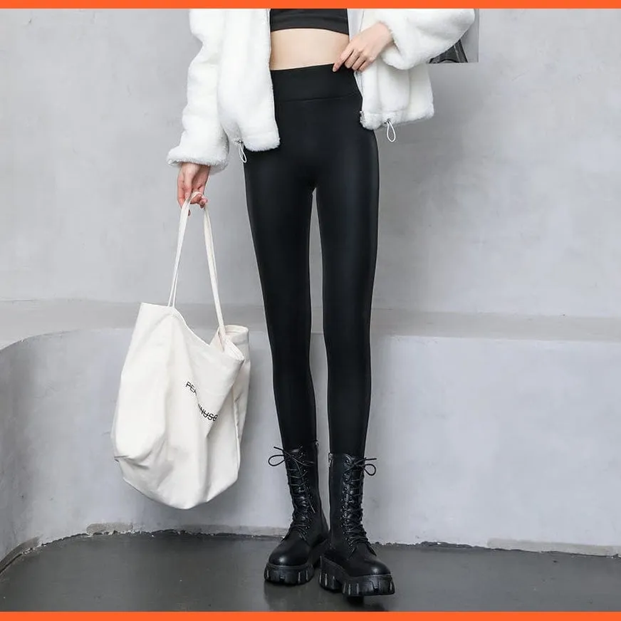 Women Thick Warm Winter High Waisted Push Up Velvet Slimming Pu Leather Legging