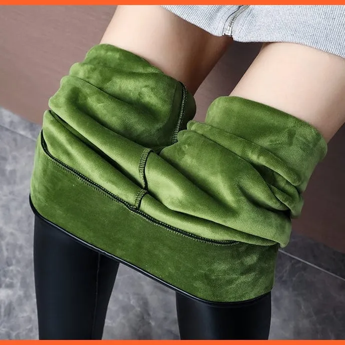 Women Thick Warm Winter High Waisted Push Up Velvet Slimming Pu Leather Legging