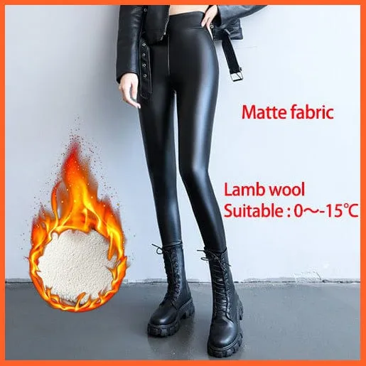 Women Thick Warm Winter High Waisted Push Up Velvet Slimming Pu Leather Legging