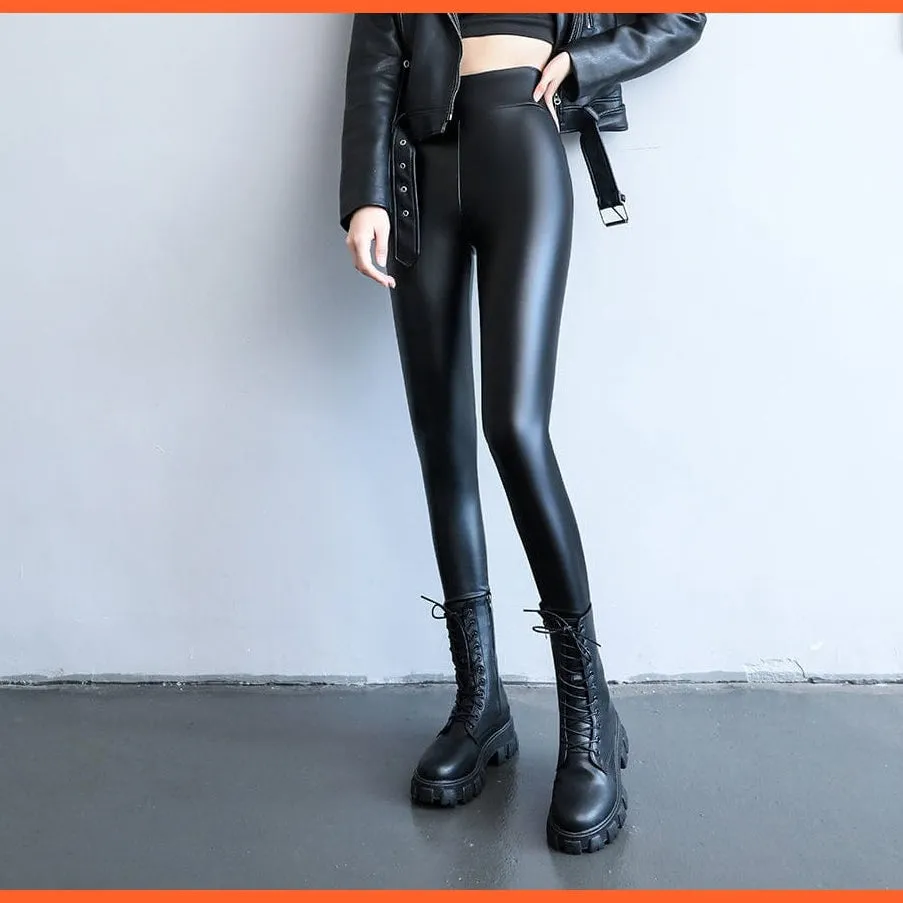 Women Thick Warm Winter High Waisted Push Up Velvet Slimming Pu Leather Legging